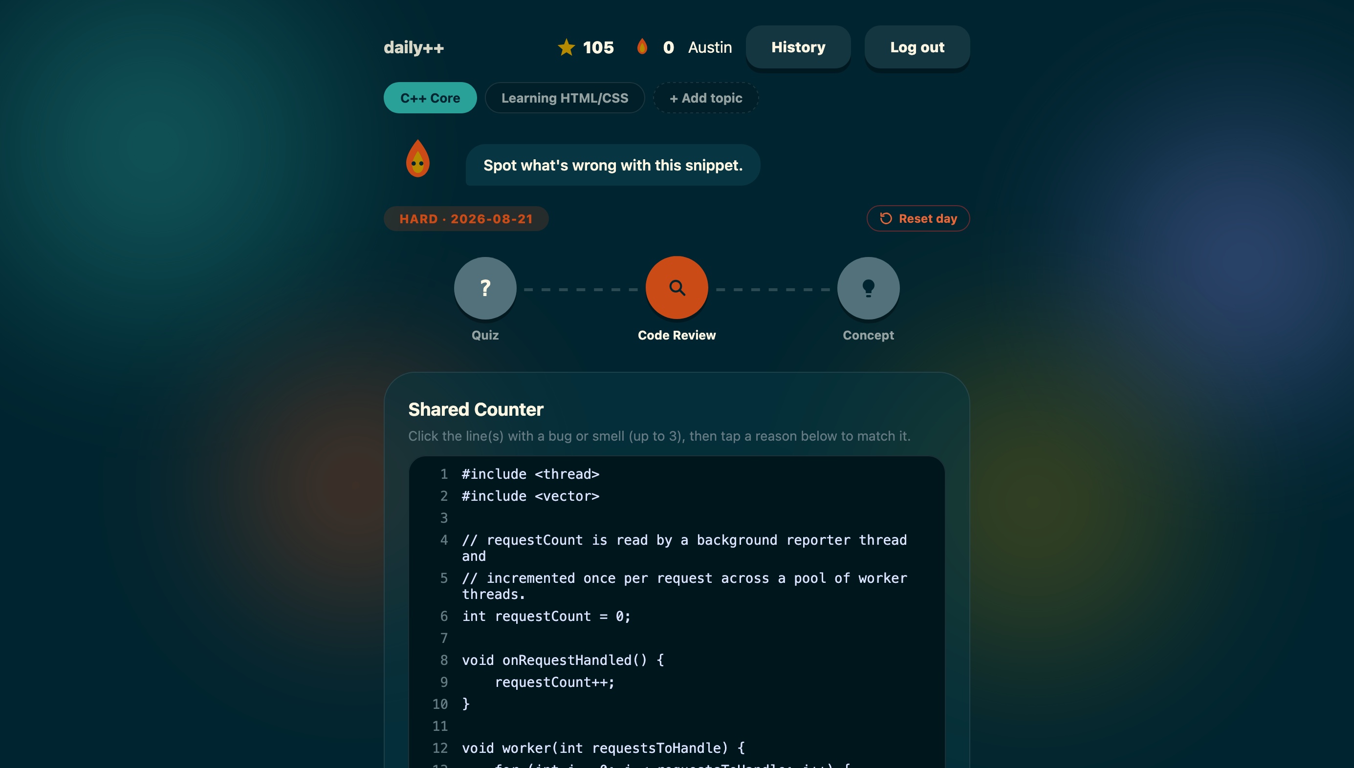 Daily++ quiz screen, showing a hard-difficulty C++ warm-up quiz