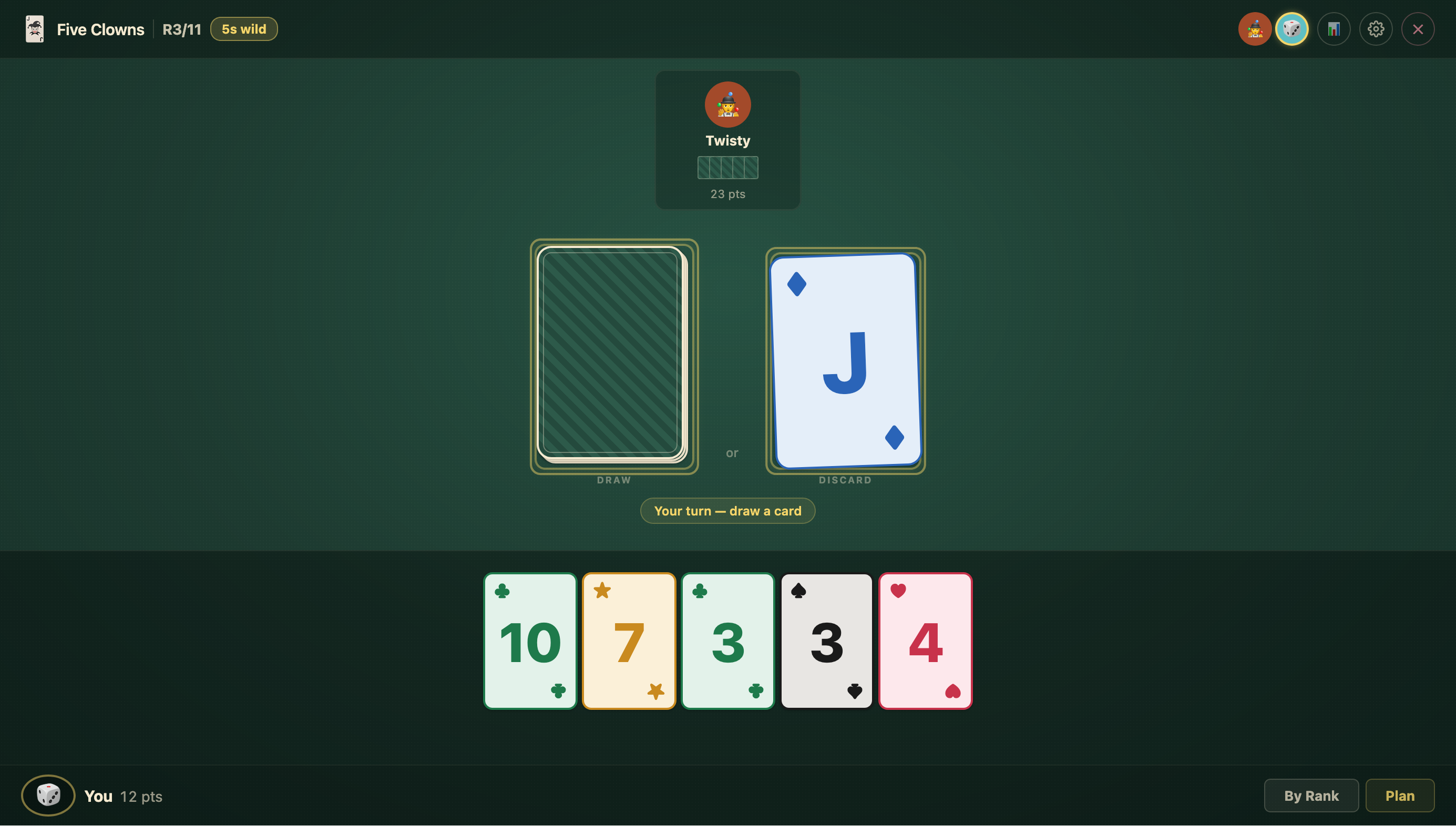 Five Clowns game screen, showing the card layout and player actions