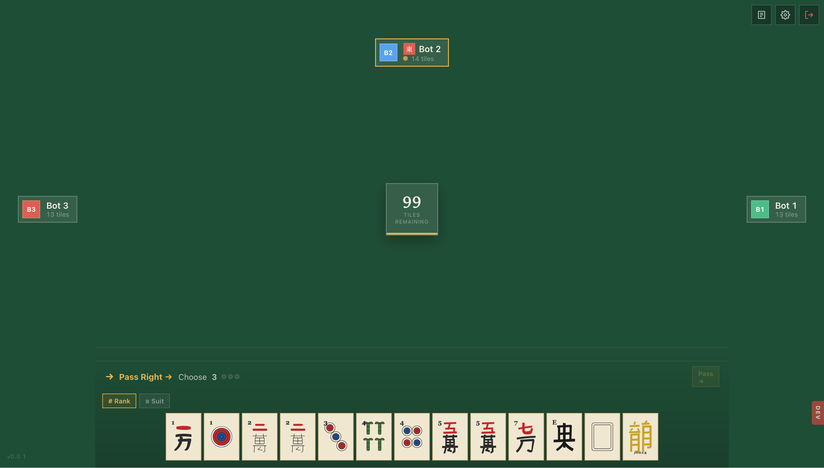 American Mahjong in-game screen, showing the discard rack and pass-right tile selection