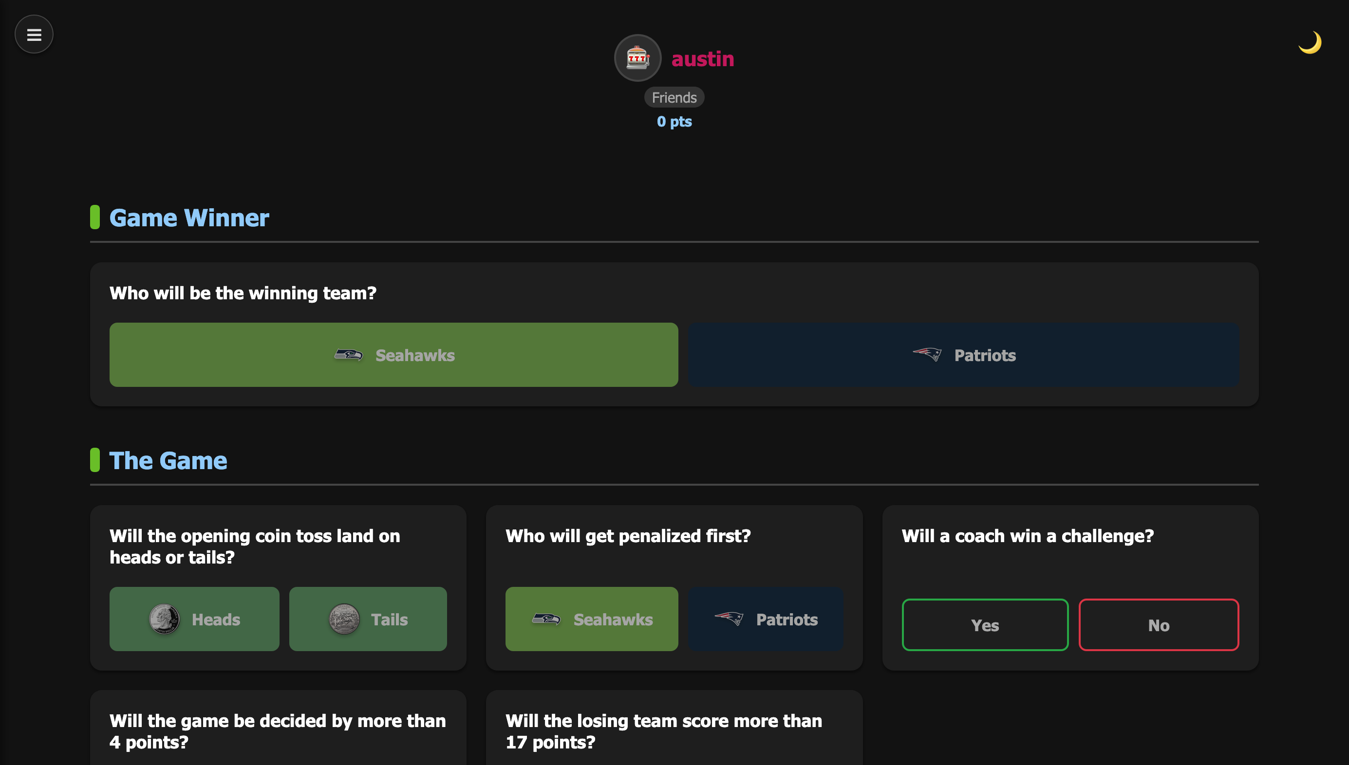 Prop Picker screen showing Super Bowl LX prop bet questions like game winner and coin toss